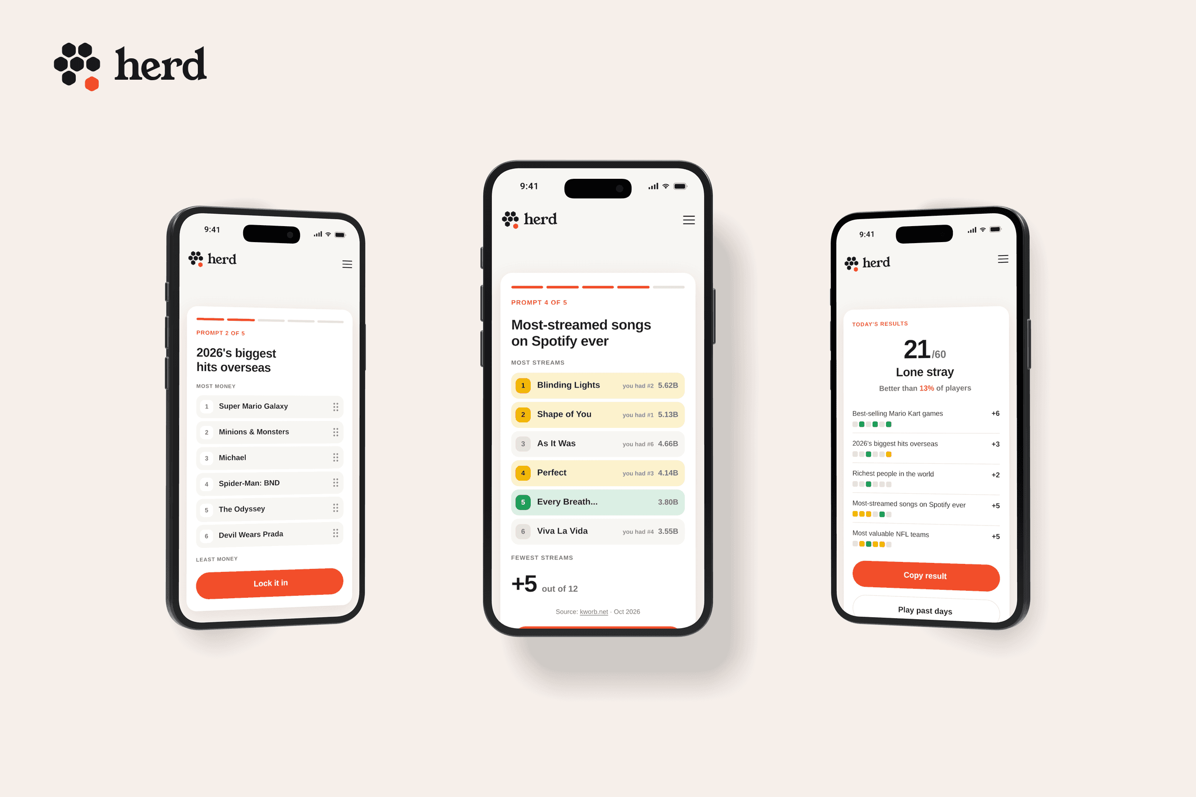 Herd daily game screens on three phones