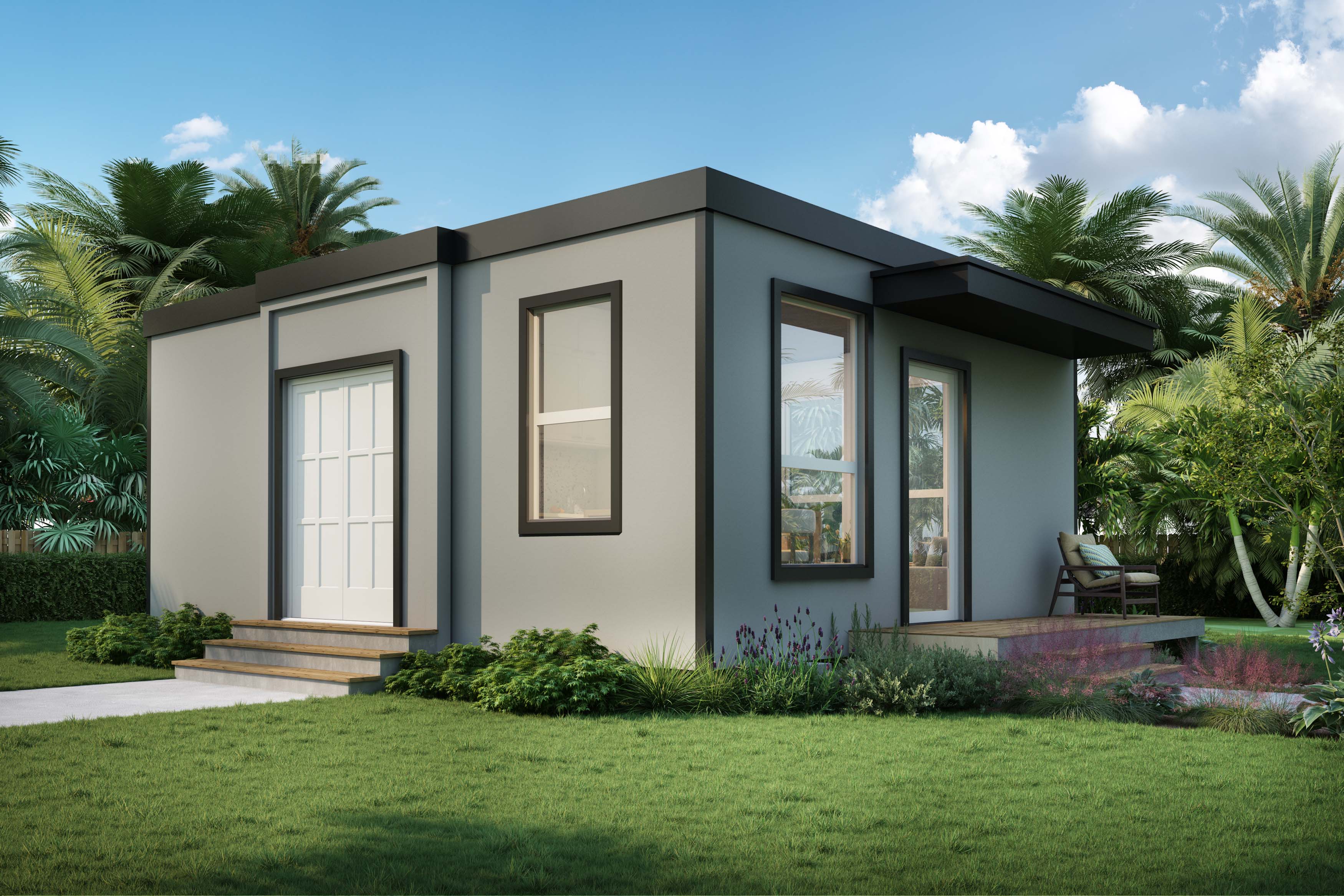 Prefab ADU exterior design with flat roof and front porch