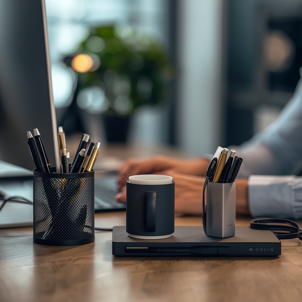Close-up of a person working at a desk using office accessories like pen holder, mobile stand, desk organizer with branded items, clean workspace environment, warm lighting, realistic lifestyle photography, professional office setting