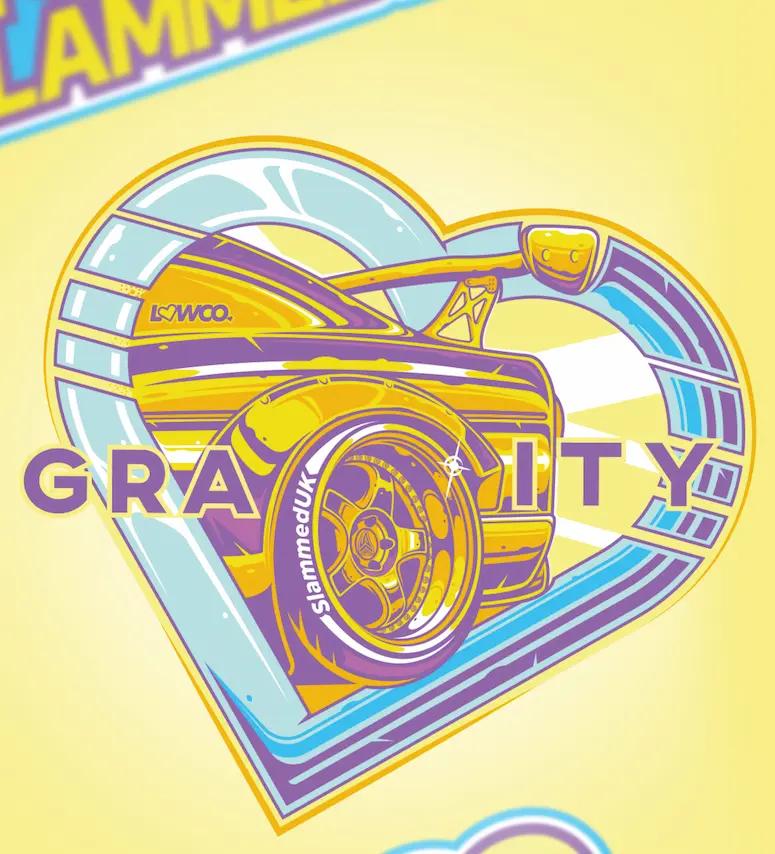 Slammed UK Gravity car show illustration featuring a stanced Lowco car in a retro heart graphic with yellow and purple colour palette — by Slow Knife Design