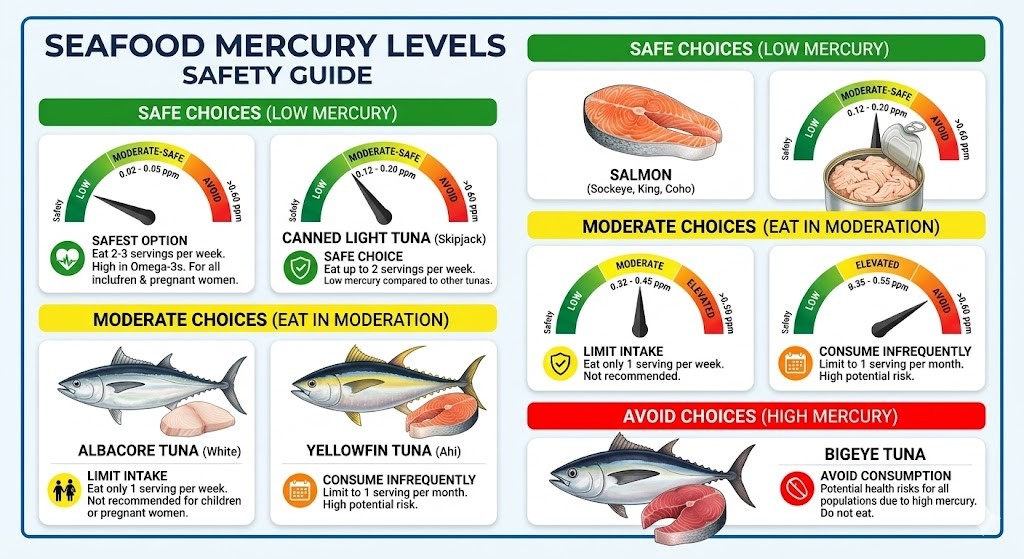 A medical-style healthcare infographic guide comparing mercury levels in different types of seafood. The chart uses visual green, yellow, and red safety zones. Salmon is shown in the safest green category (Eat 2-3 servings per week), canned light tuna is in the moderate-safe category (up to 2 servings per week), and Bigeye Tuna is shown in the red avoid zone. The design features highly readable labels and modern healthcare visual style on a clean white background.