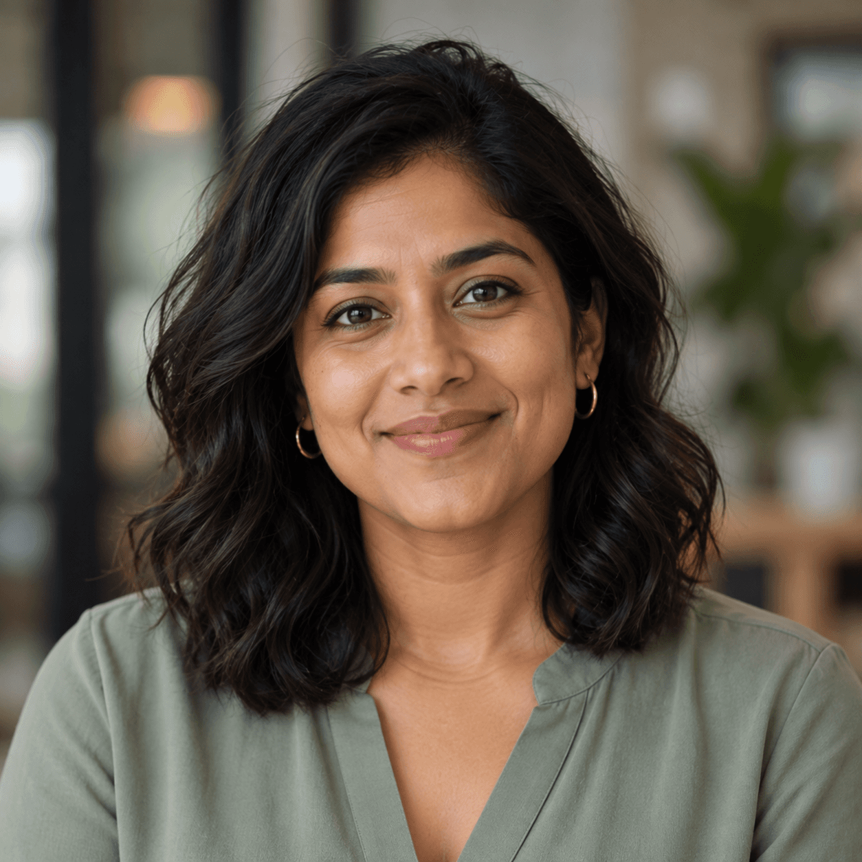 Portrait of a smiling woman with shoulder-length wavy dark hair and hoop earrings wearing a sage green blouse.