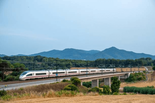 High-speed train traveling through the Spanish countryside
