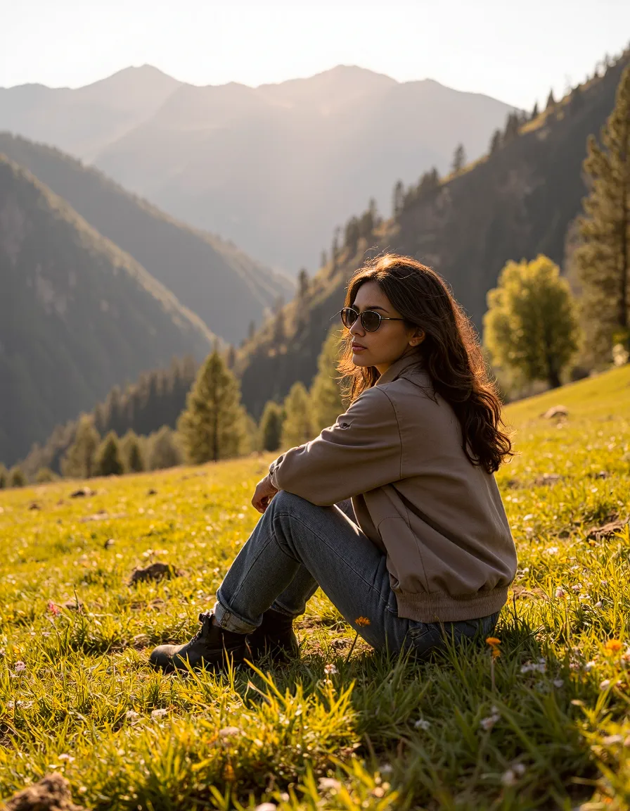 Scenic mountain meadow photography featuring athleisure fashion with golden sunlight illuminating alpine landscape in background