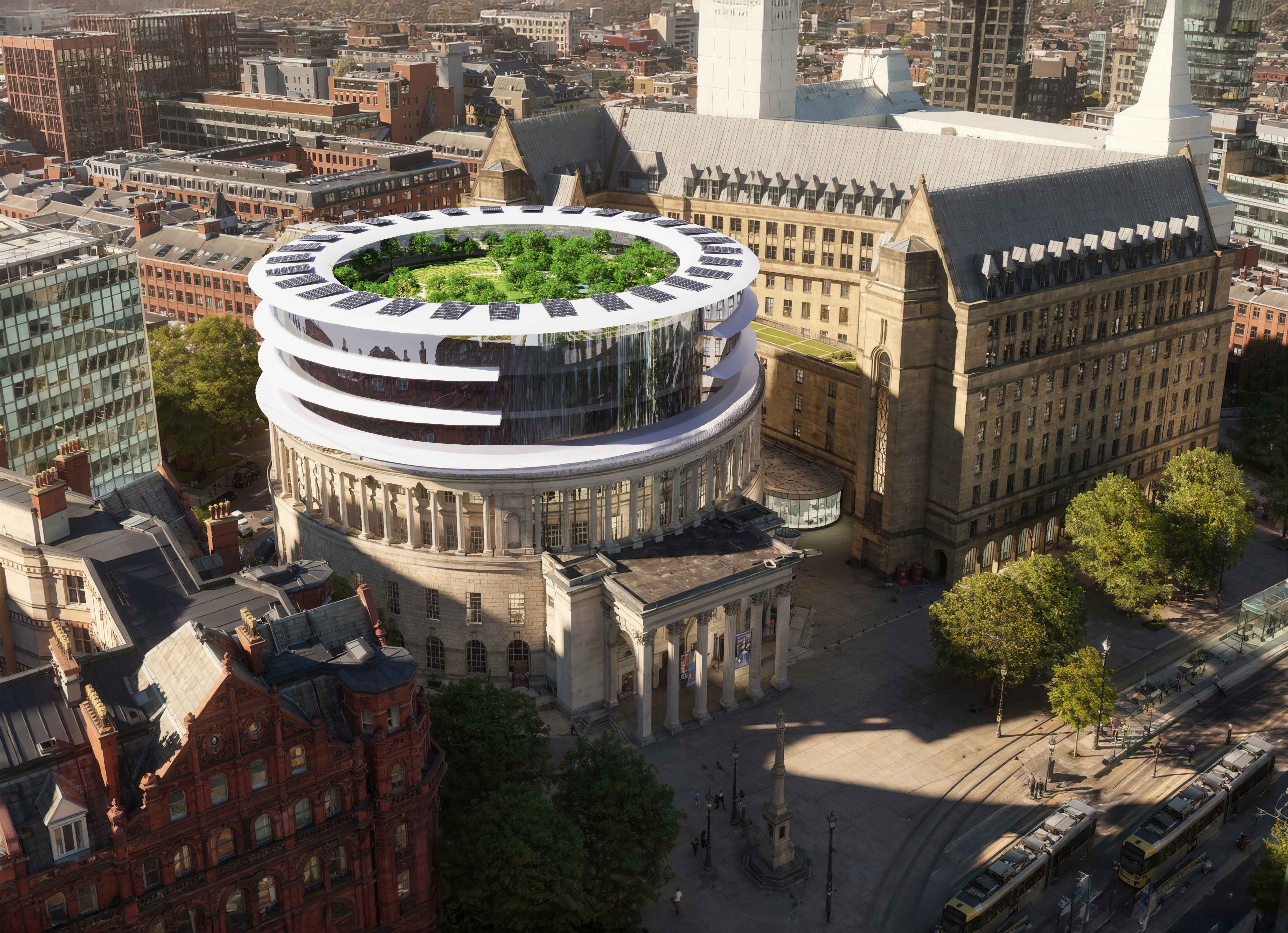 Aerial architectural visualisation of Manchester Central Library with a contemporary rooftop extension in St Peter’s Square, Manchester. Photorealistic CGI and ArchViz concept by Pixelspaces, showing urban design and property development potential.