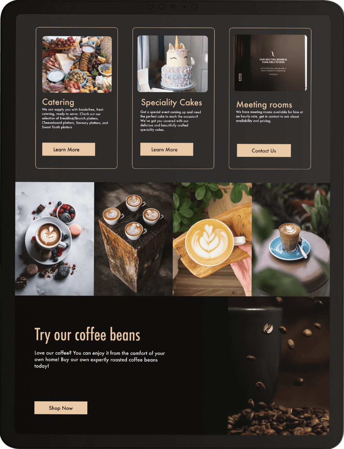 Screen capture of a website design for a Cafe