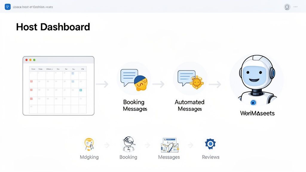 Host dashboard workflow illustrating calendar, automated messages, and an AI assistant for bookings.