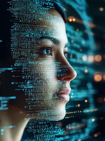 Woman's face overlaid with streams of code