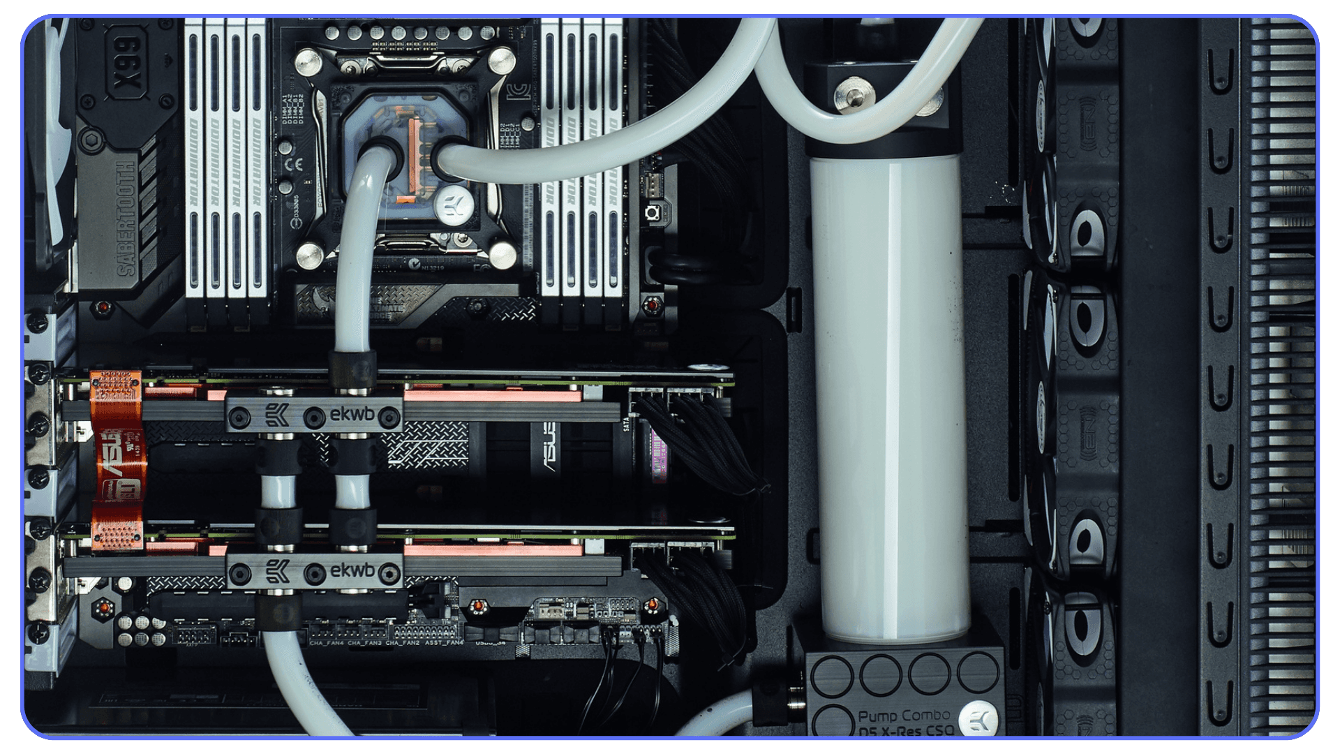 High-end custom PC build with dual GPUs and liquid cooling system