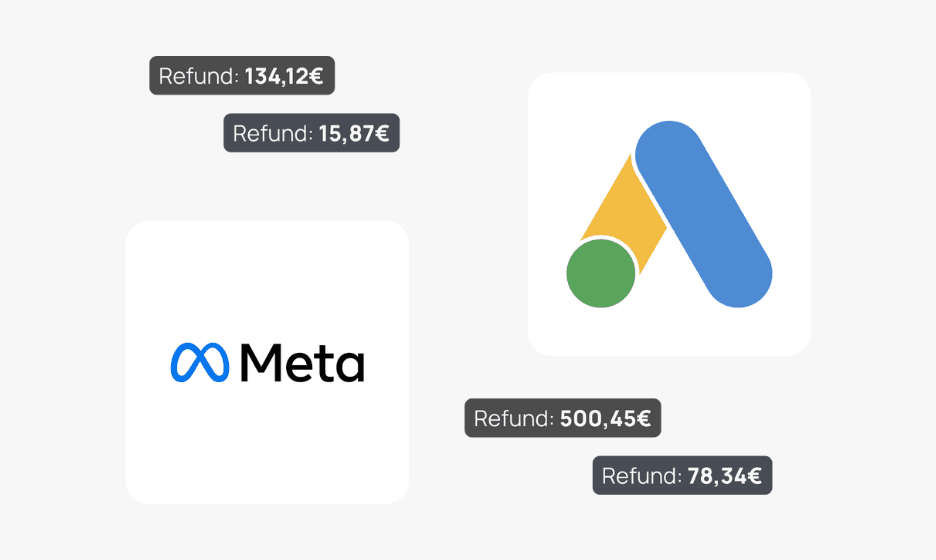Google Ads- und Meta-Logos mit mehreren "Rückerstattung"-Labeln, die Euro-Beträge anzeigen und die wiedergewonnene Werbeausgaben aus ungültigem Traffic darstellen.