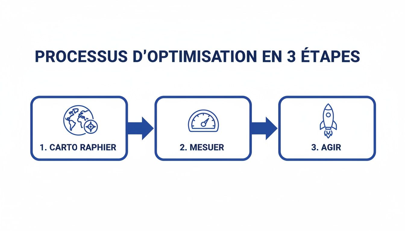 Diagramme illustrant un processus d'optimisation en trois étapes : cartographier, mesurer et agir, avec des icônes descriptives.