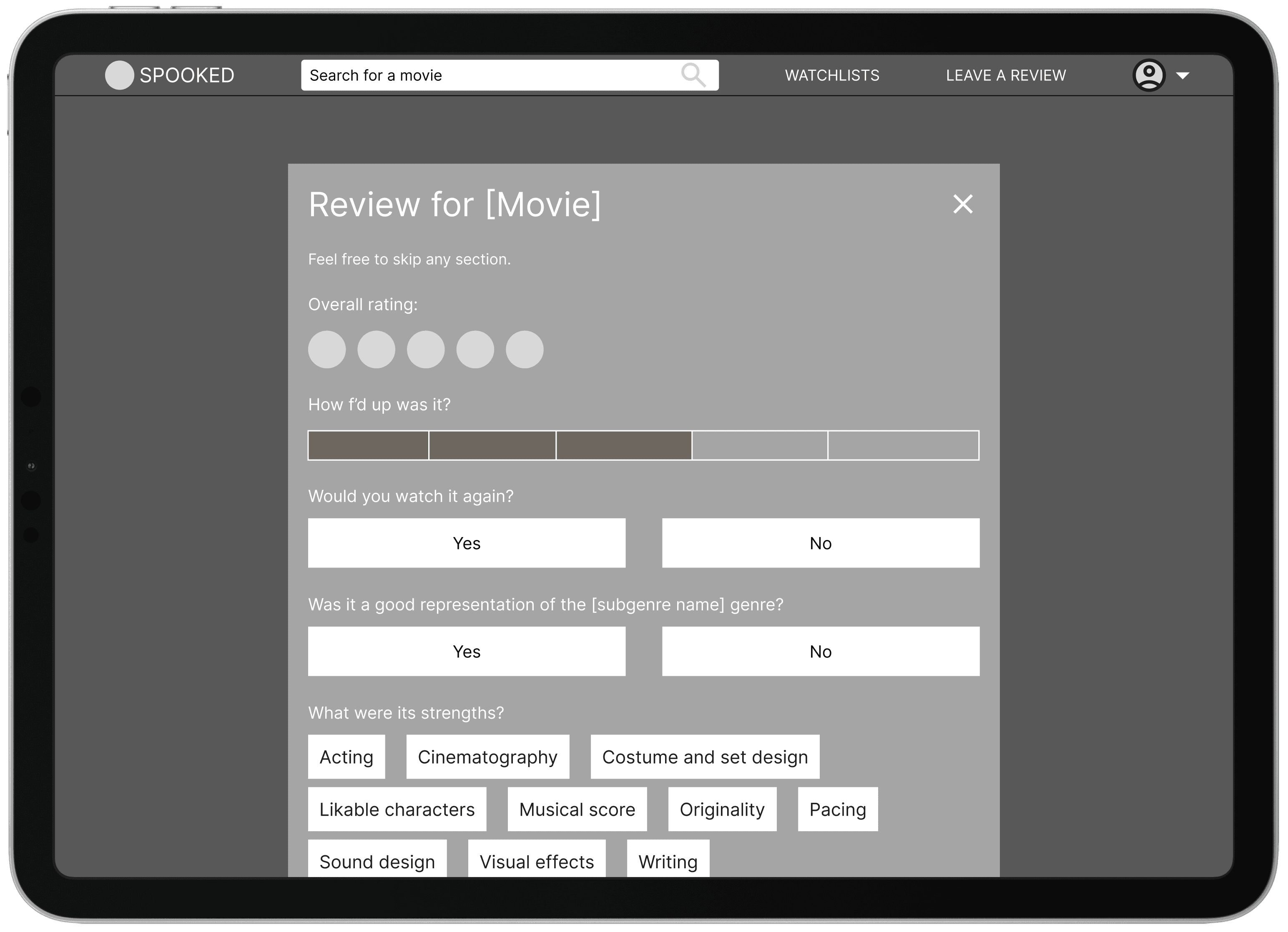 mid-fi desktop wireframe: movie review form