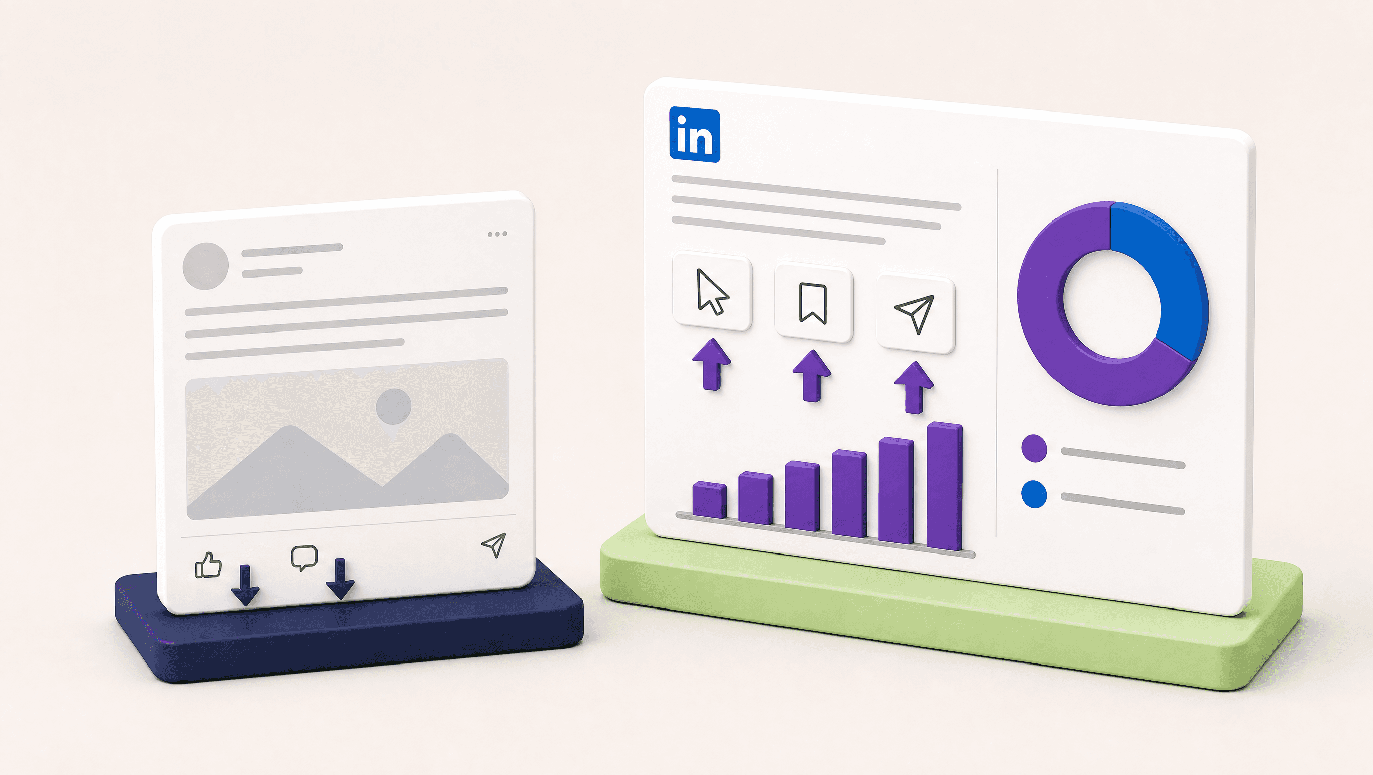 A LinkedIn post on a navy tile with down arrows by the like and comment icons, next to a raised analytics card on a green tile with purple up arrows by click, save and send, and a ring chart split into in-network and out-of-network views