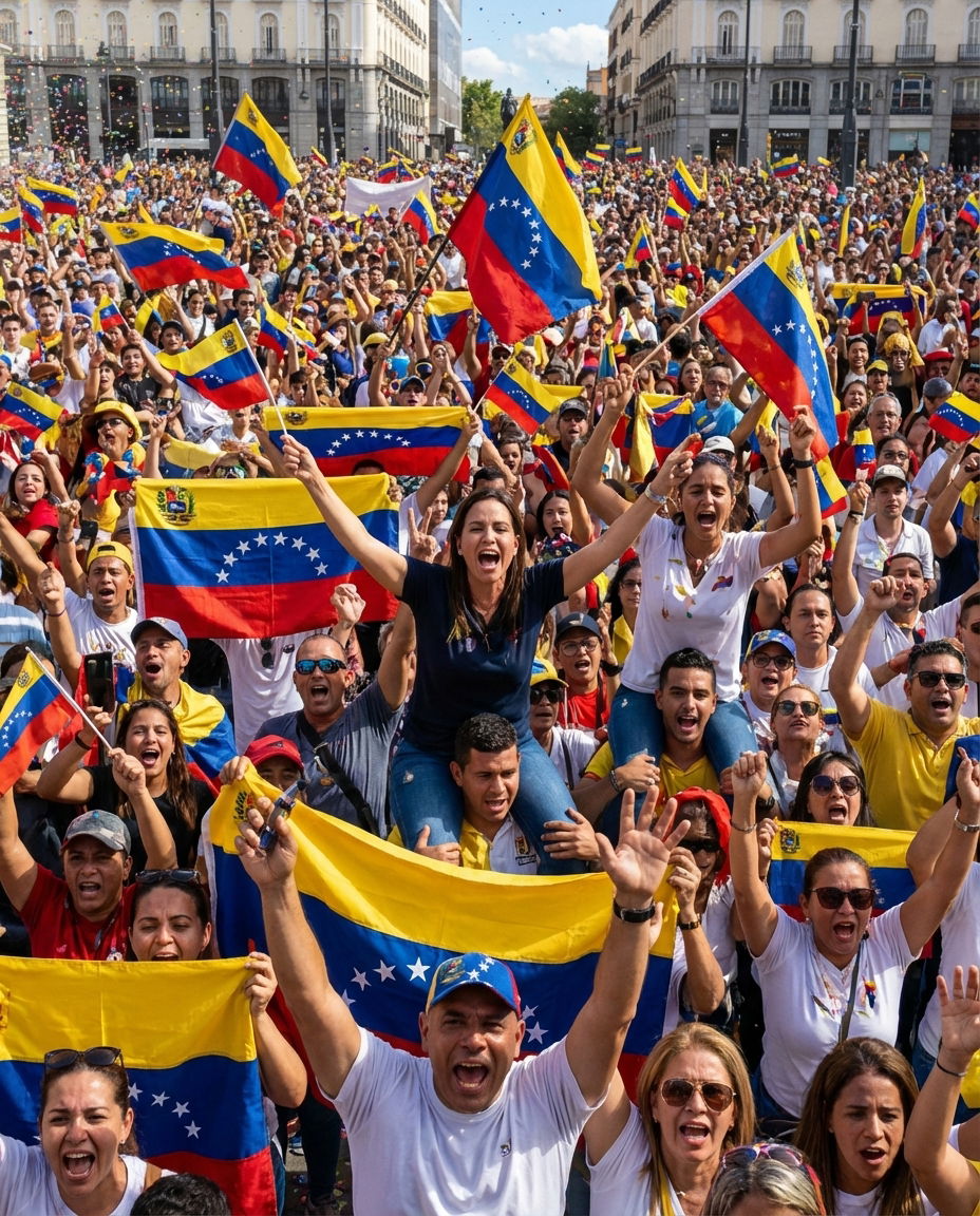 Venezuelan supporters celebrating and waving flags.