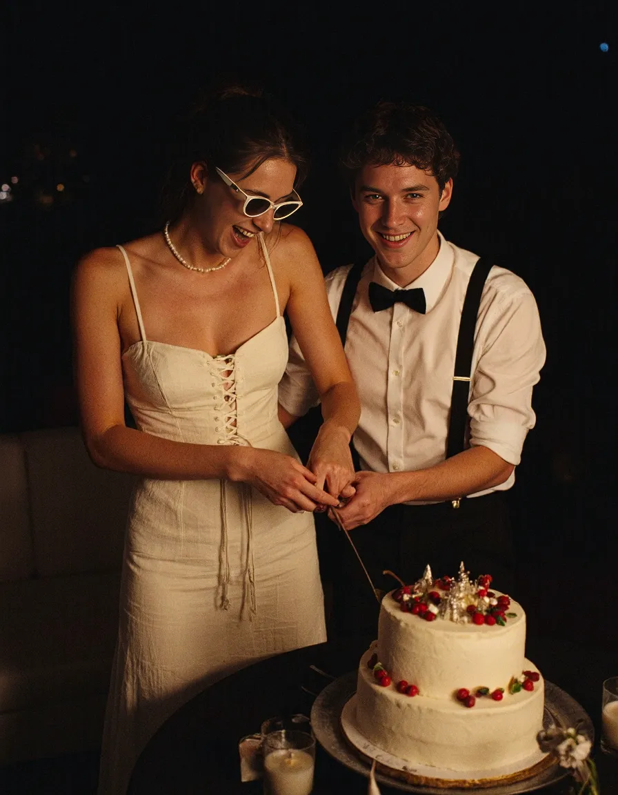 Couple in vintage-inspired attire cutting wedding cake together at night, woman wearing white dress and retro sunglasses, man in suspenders