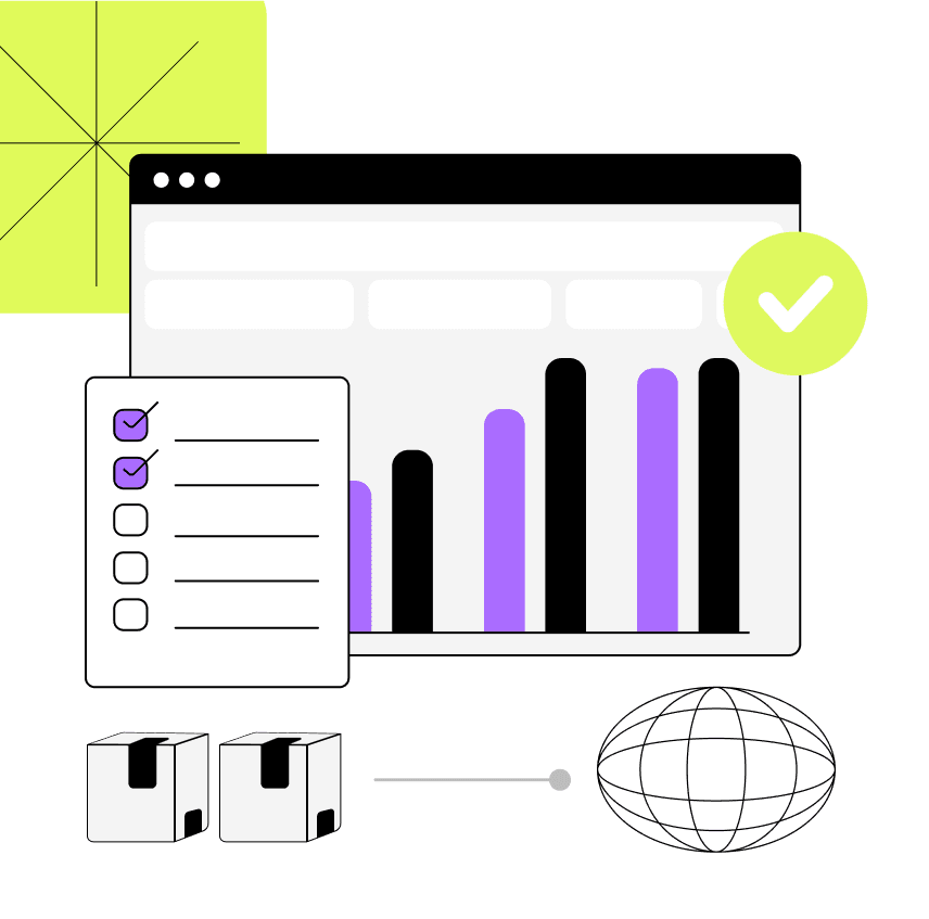 Illustration of a modal window with packages, graphics, a checklist, and an internet icon