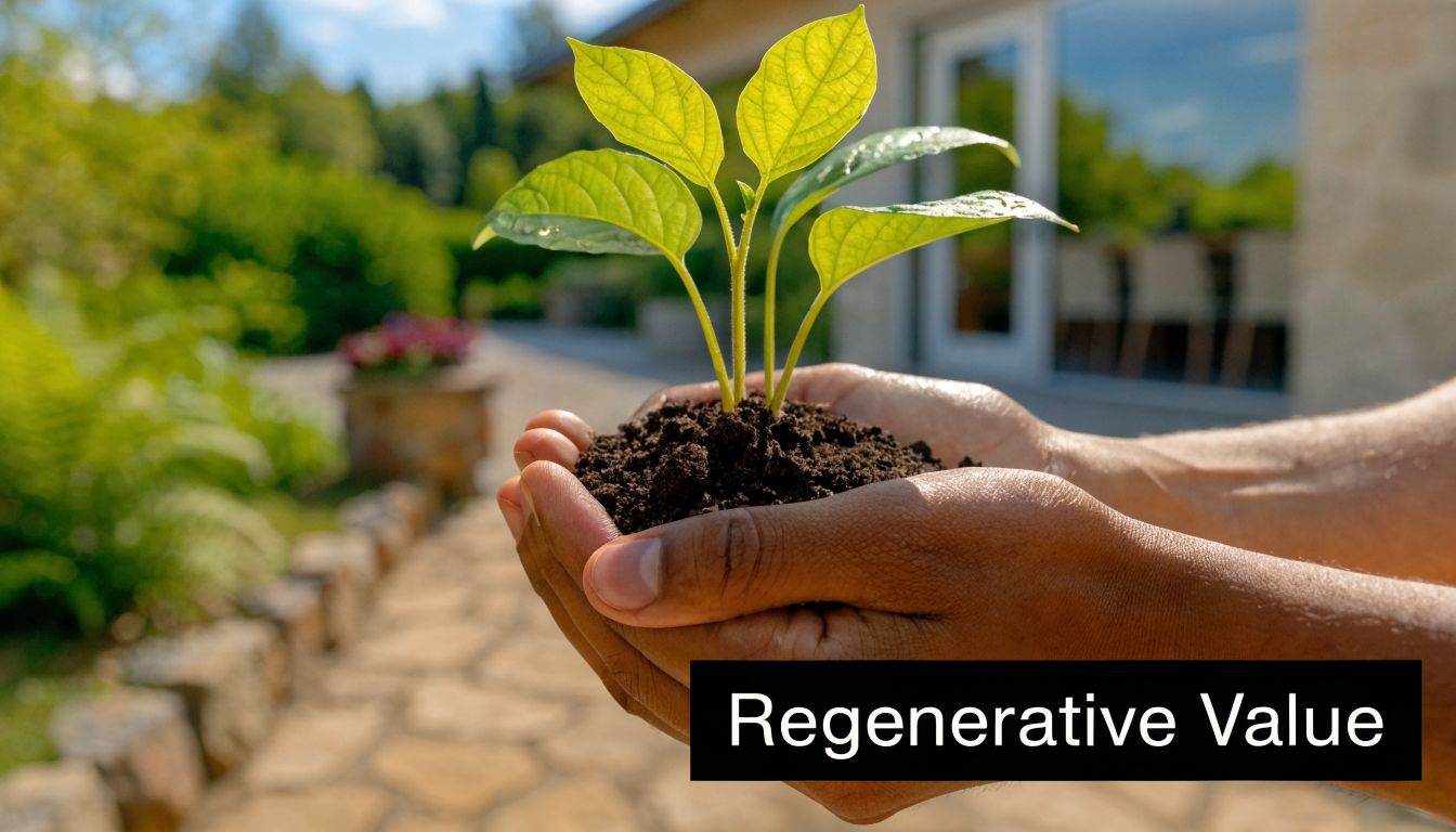 A person holding a small green plant in soil with a sunny garden in the background.