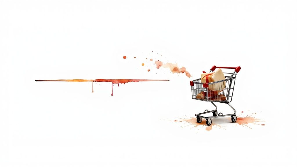 A shopping cart filled with a gift and baked goods, next to artistic watercolor paint splatters.