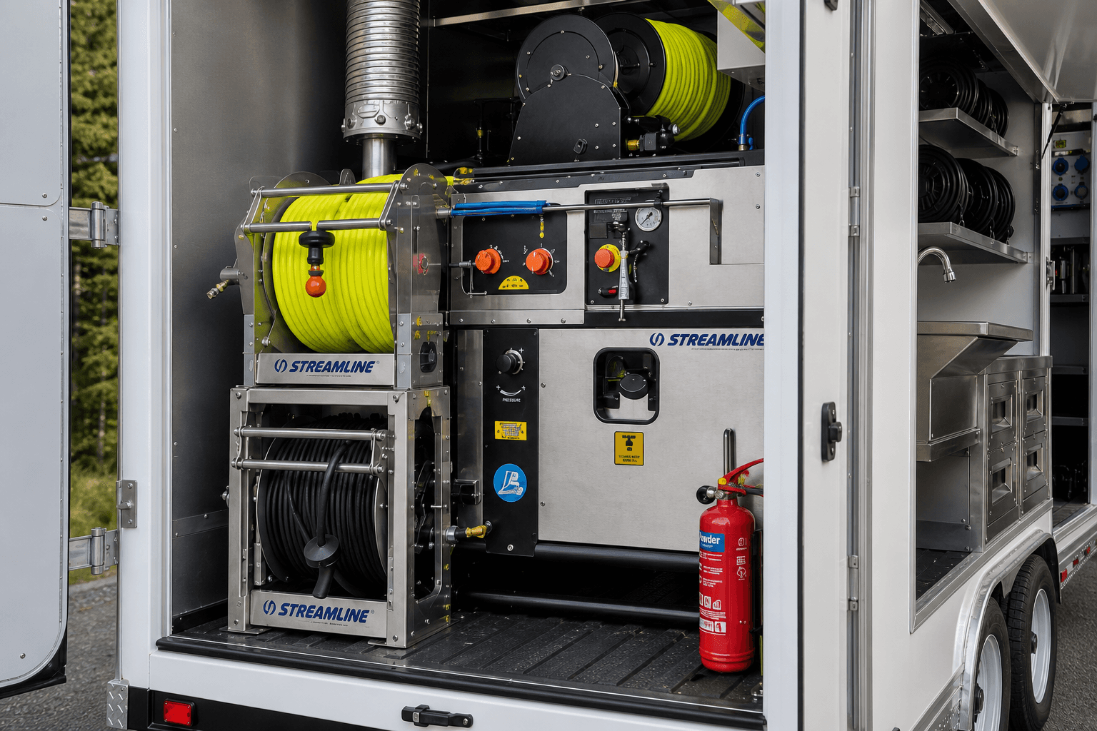 Open refrigerated equipment trailer stocked with cardboard boxes and fitted with shelving and a cooling unit