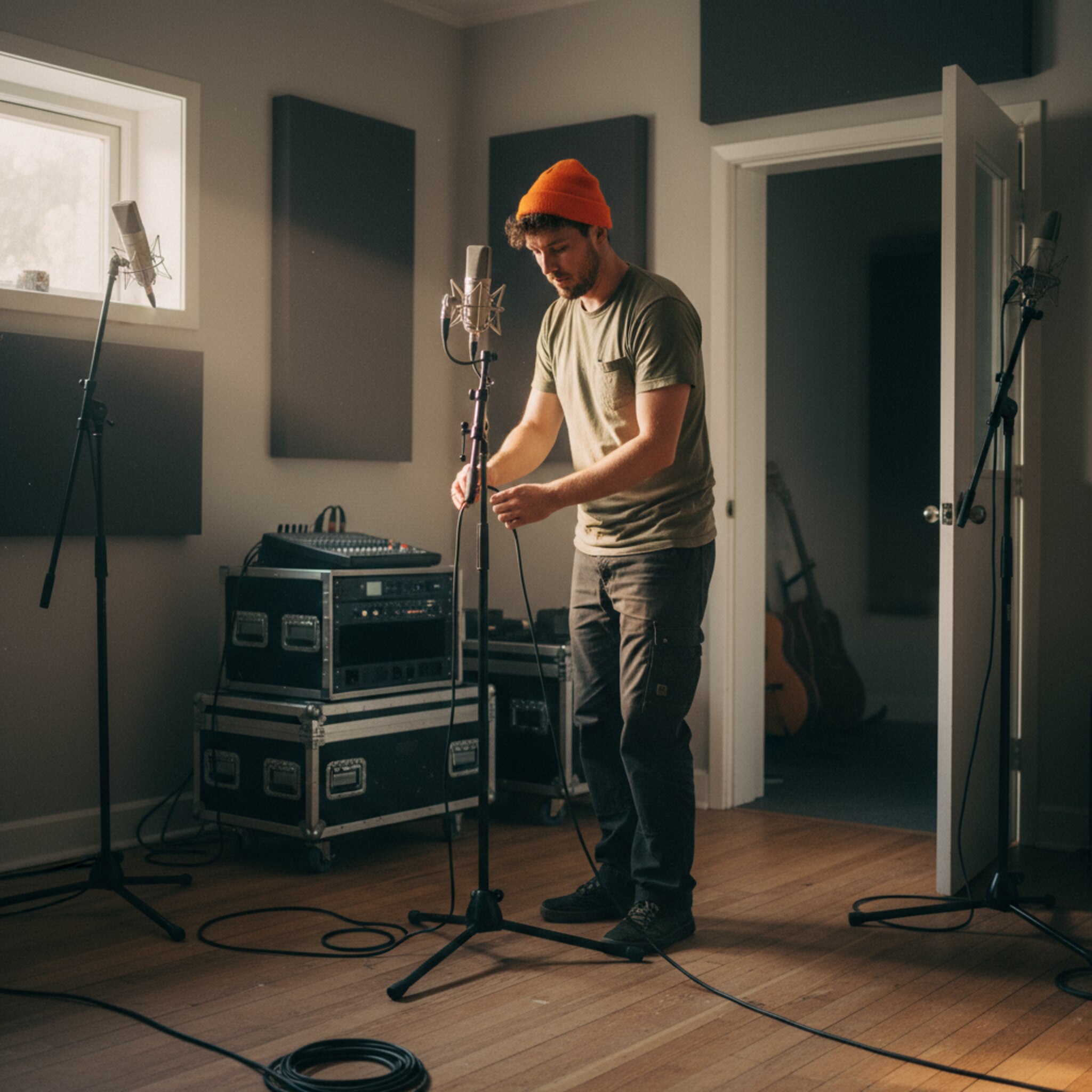 Nach einer Probe richtet jemand behutsam Mikrofonständer aus und legt Kabel in gerade Linien. Durch ein kleines Fenster fällt Abendlicht, Staub tanzt in der Luft. Die Tür steht halb offen, draußen ist es ruhig. Der Raum wirkt geordnet, bereit für die nächste Belegung.