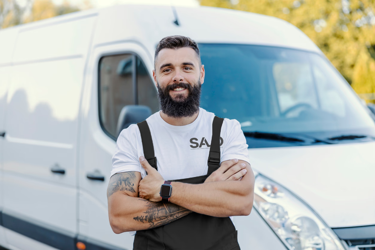 Drei Heizungsbauer sitzen auf einer Mauer vor einem Haus und erklären sich etwas.