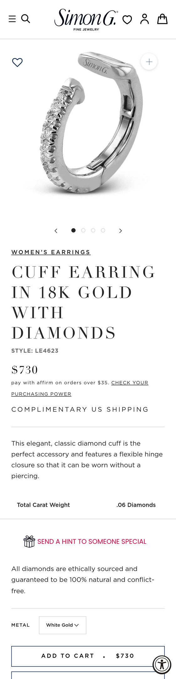 Jewelry product options include: bracelet, earring for Cuff Earring in 18k Gold with Diamonds from Simon G. Jewelry.