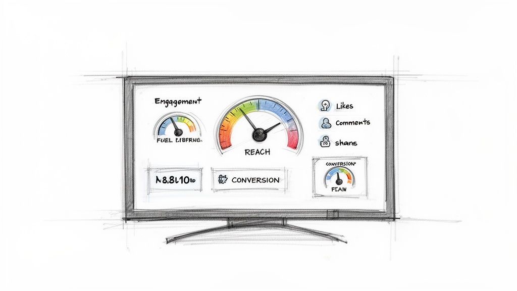 Hand-drawn sketch of a monitor displaying a social media analytics dashboard with engagement, reach, and conversion gauges.
