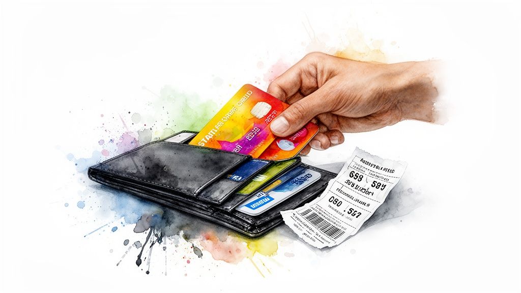 A hand takes a colorful credit card from a black wallet, with other cards and a receipt.