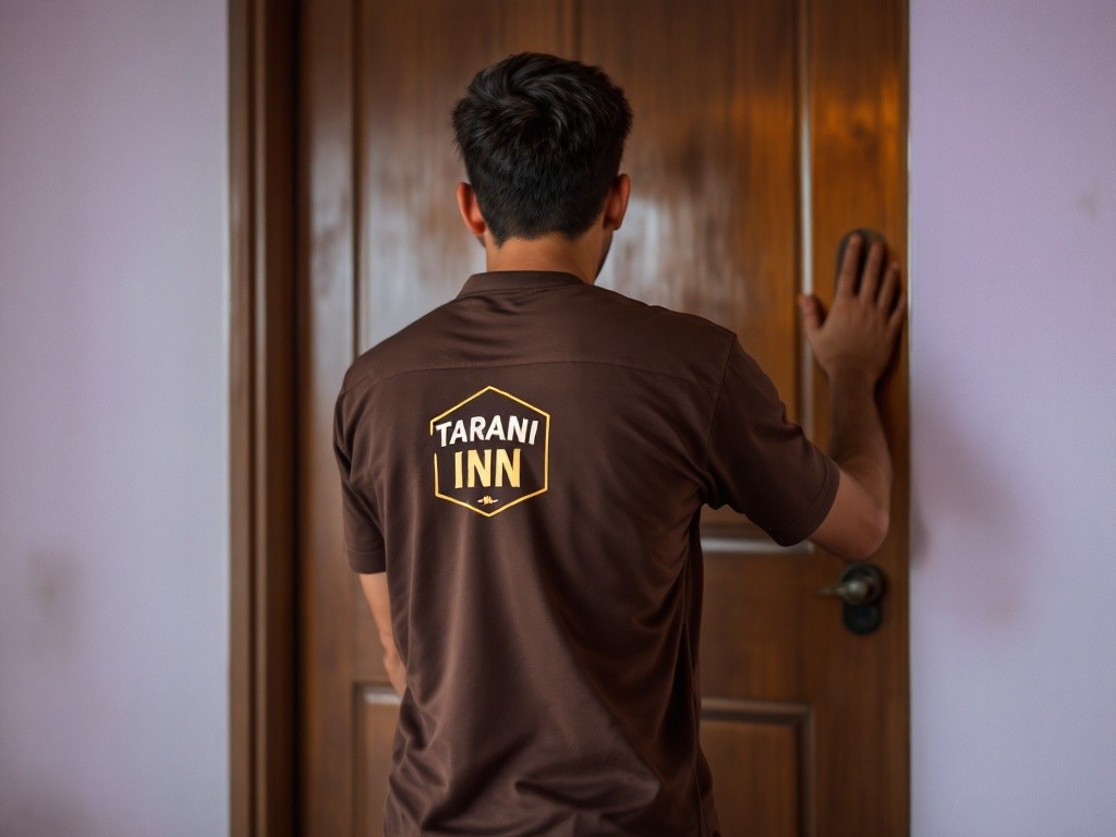 A man in a brown shirt with the words "Tarani Inn" on the back is knocking on a wooden door.