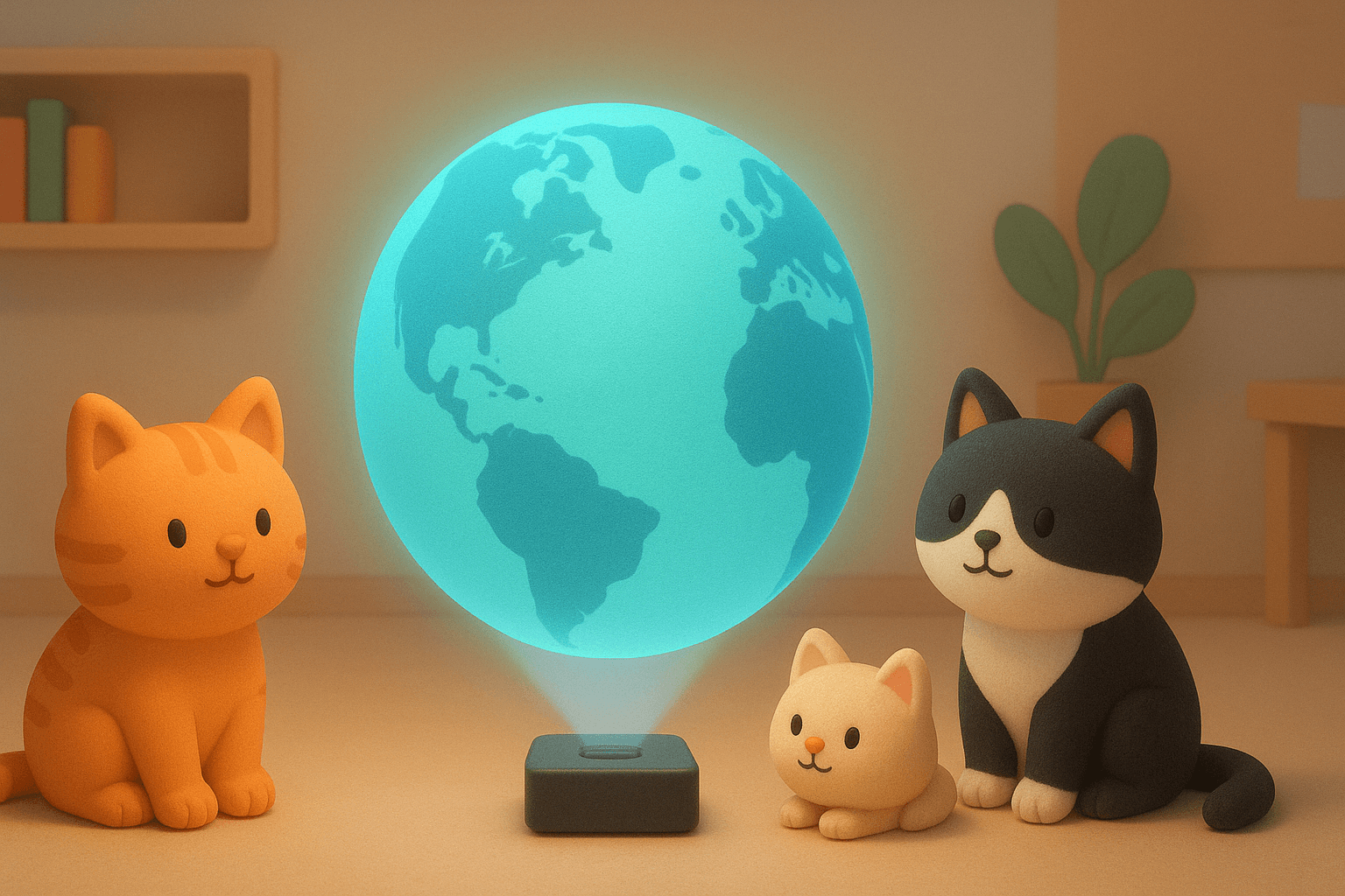 Cute 3D-style cats sitting around a glowing holographic globe projection in a cozy room, with warm lighting and soft colors