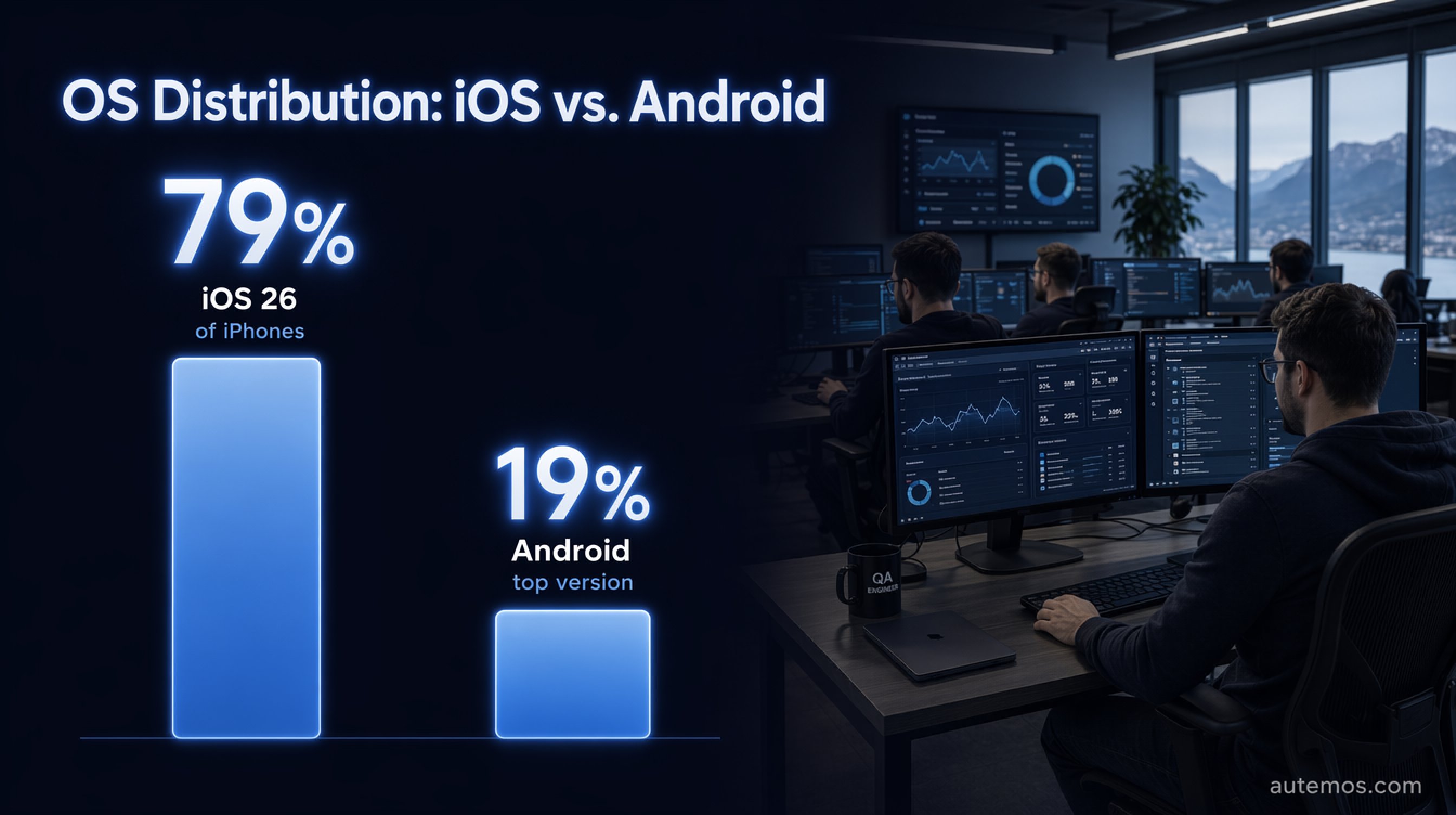 Bar chart: iOS 26 runs on about 79 percent of iPhones while Android's most-used version reaches only about 19 percent.