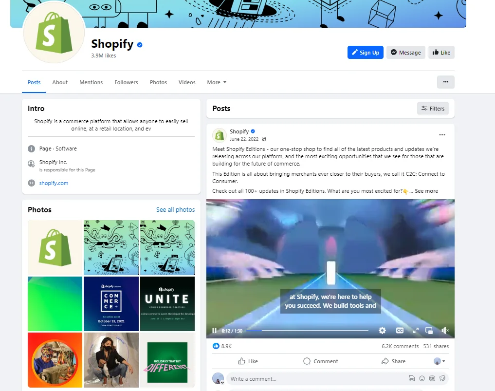 A screenshot of the Shopify Facebook business page