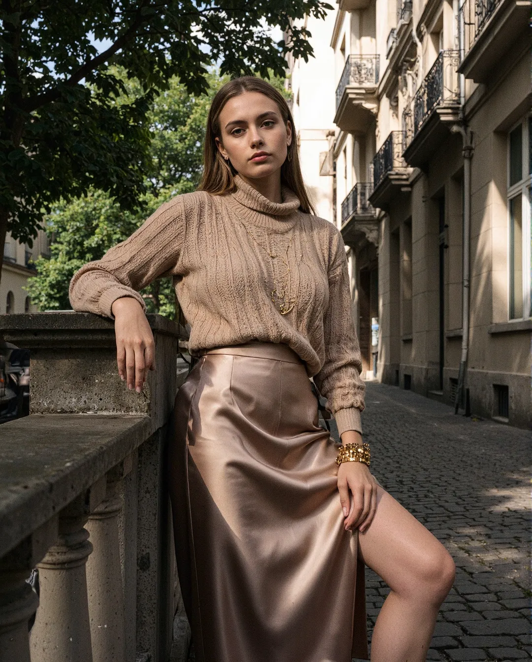 Woman in beige turtleneck sweater and silk skirt posing on European street with classic architecture backdrop