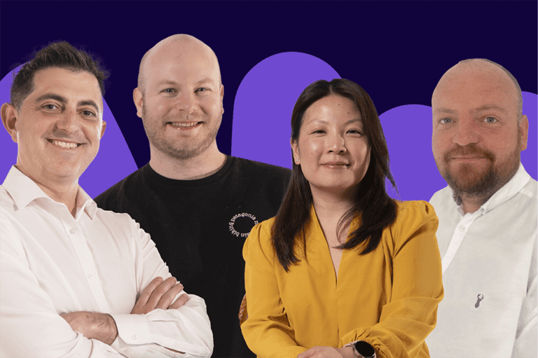 Four Florence team members posing together against a purple circle background