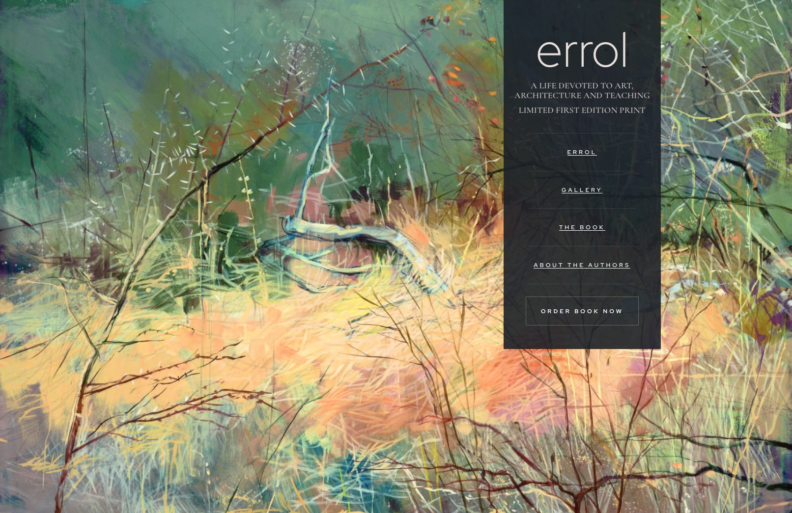 The homepage showcases Errol's artistic legacy through clean, elegant design that puts his work front and center.
