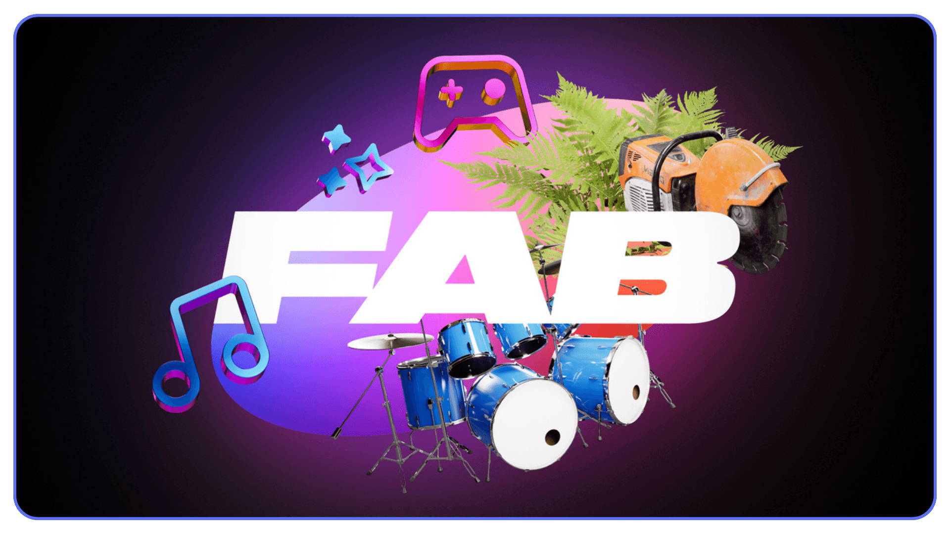 FAB marketplace logo surrounded by game, music, and environment icons on a glowing background.