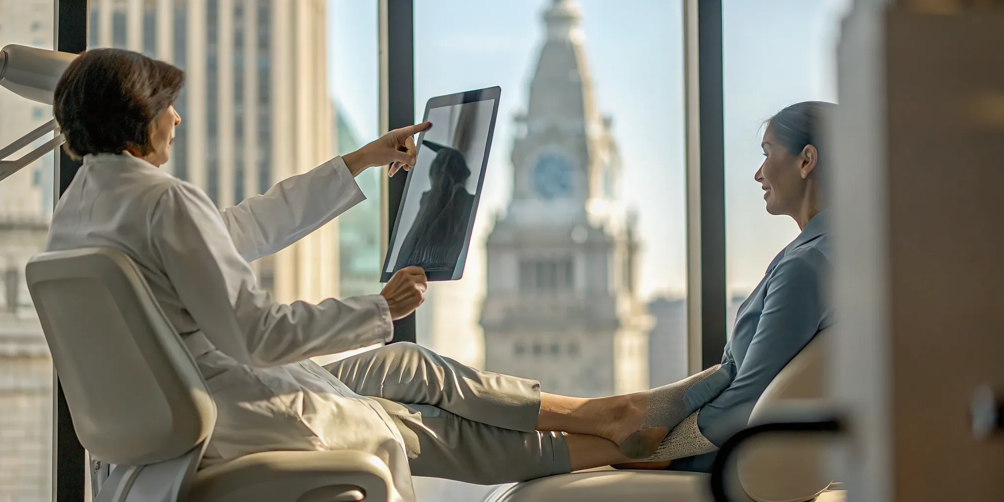 Podiatrist in Philadelphia, PA reviewing a foot X-ray with a patient.