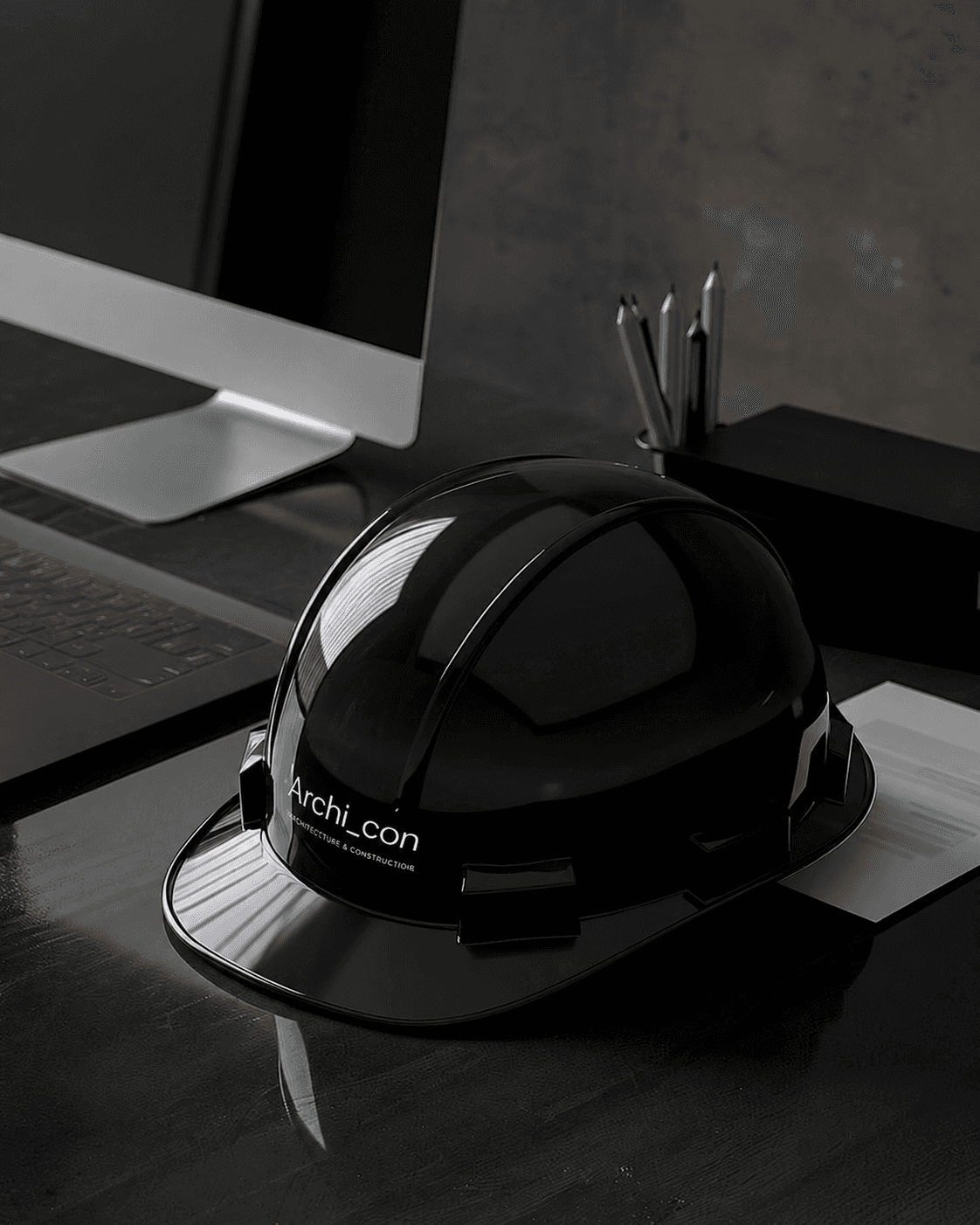 Black construction helmet on a work desk