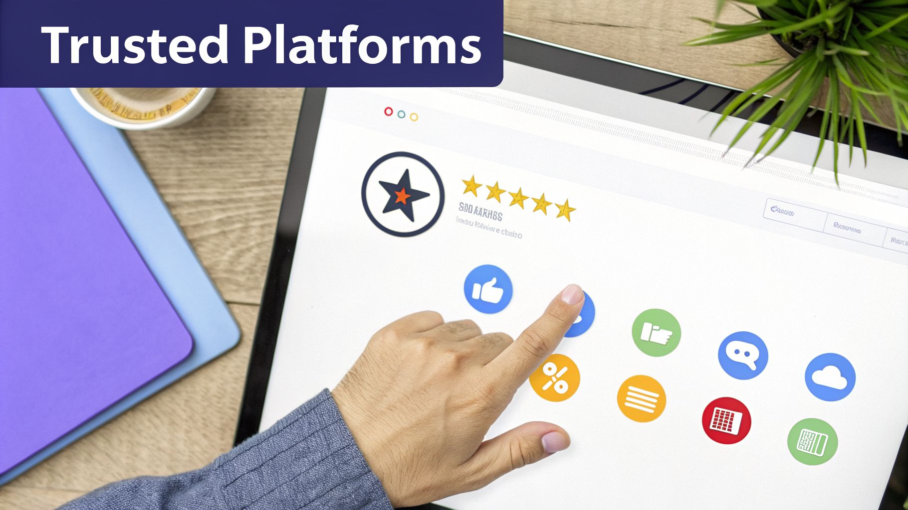 A hand interacts with a tablet displaying 'Trusted Platforms', app icons, and star ratings on a wooden desk.
