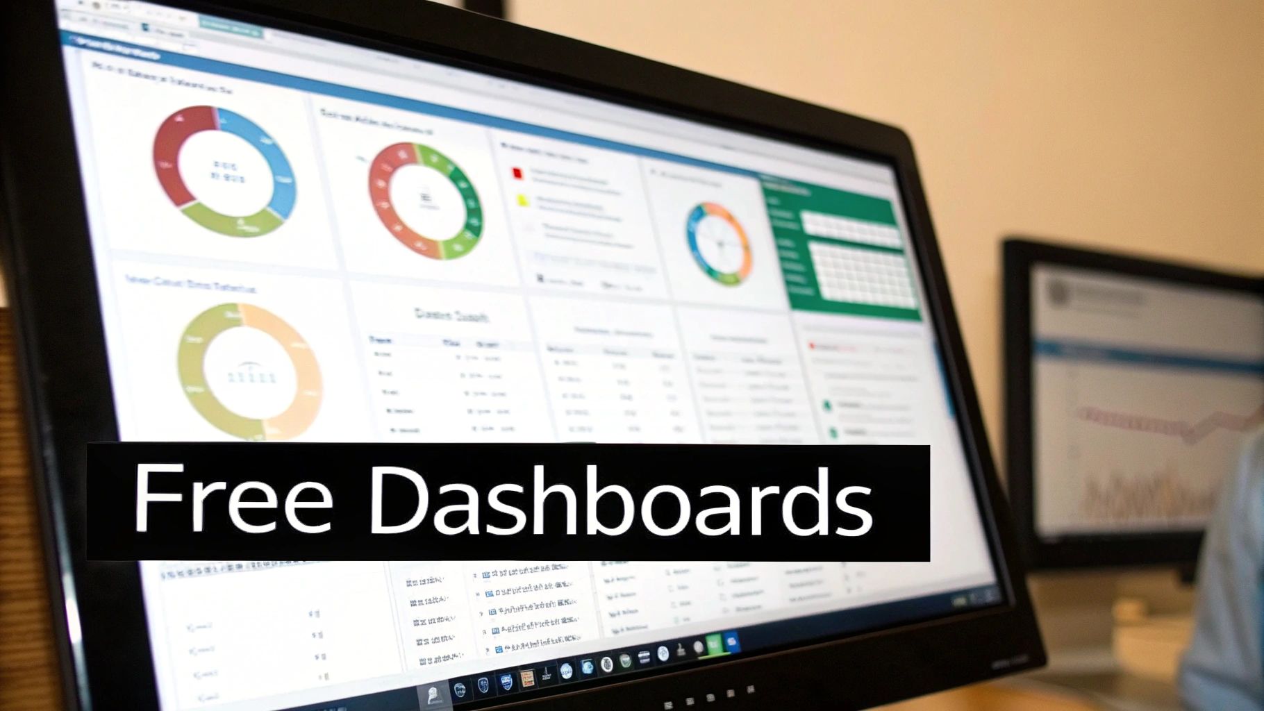 A computer monitor shows analytical dashboards with charts and graphs, overlaid with 