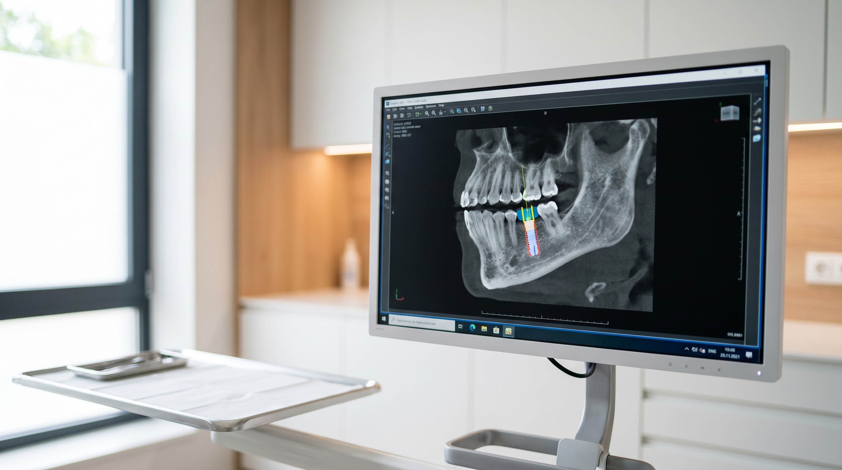 Dental CBCT scan on monitor showing jawbone cross-section with planned implant position