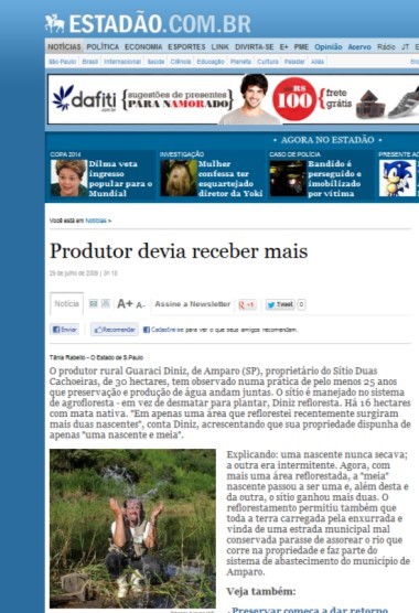 Print da matéria do Estadão Produtor devia receber mais, sobre o Sítio Duas Cachoeiras em Amparo