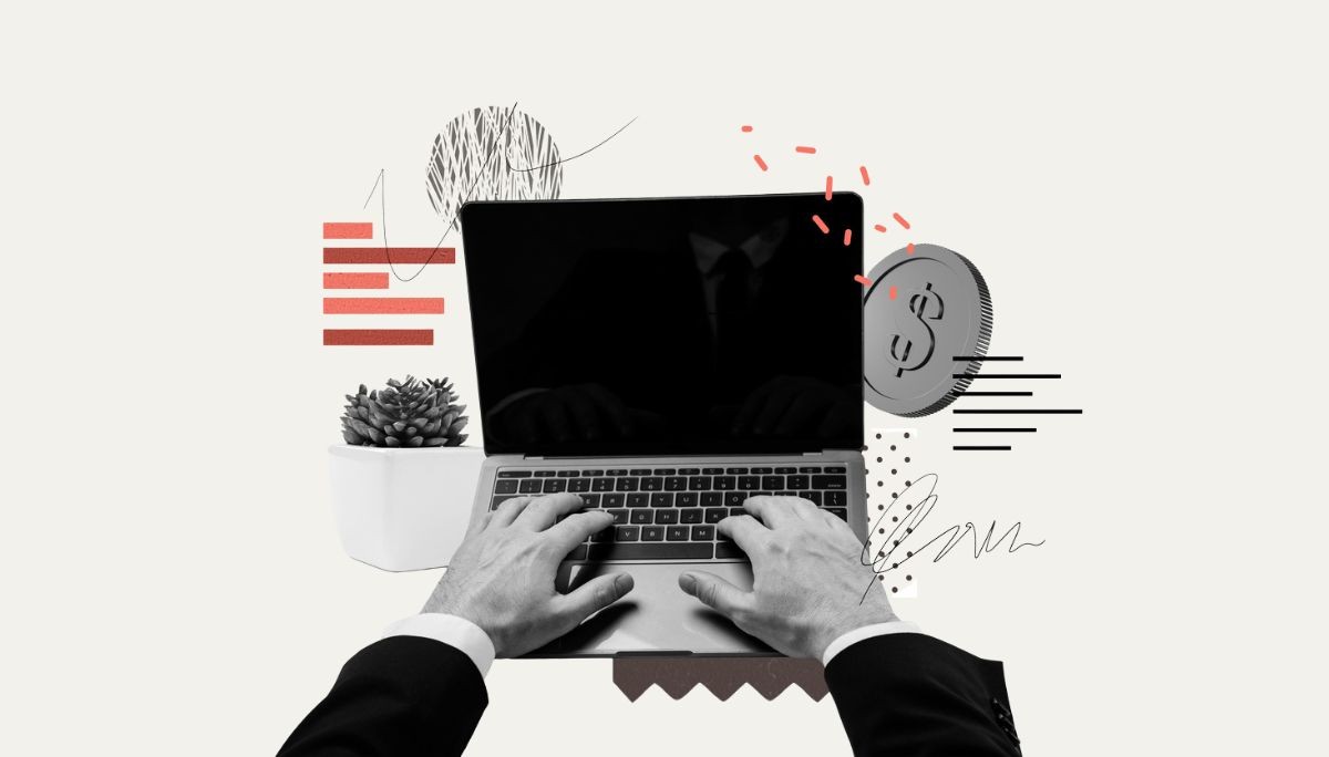 Person in a suit typing on a laptop with abstract charts and a dollar‑sign icon, symbolizing the structured phases of the software testing life cycle.