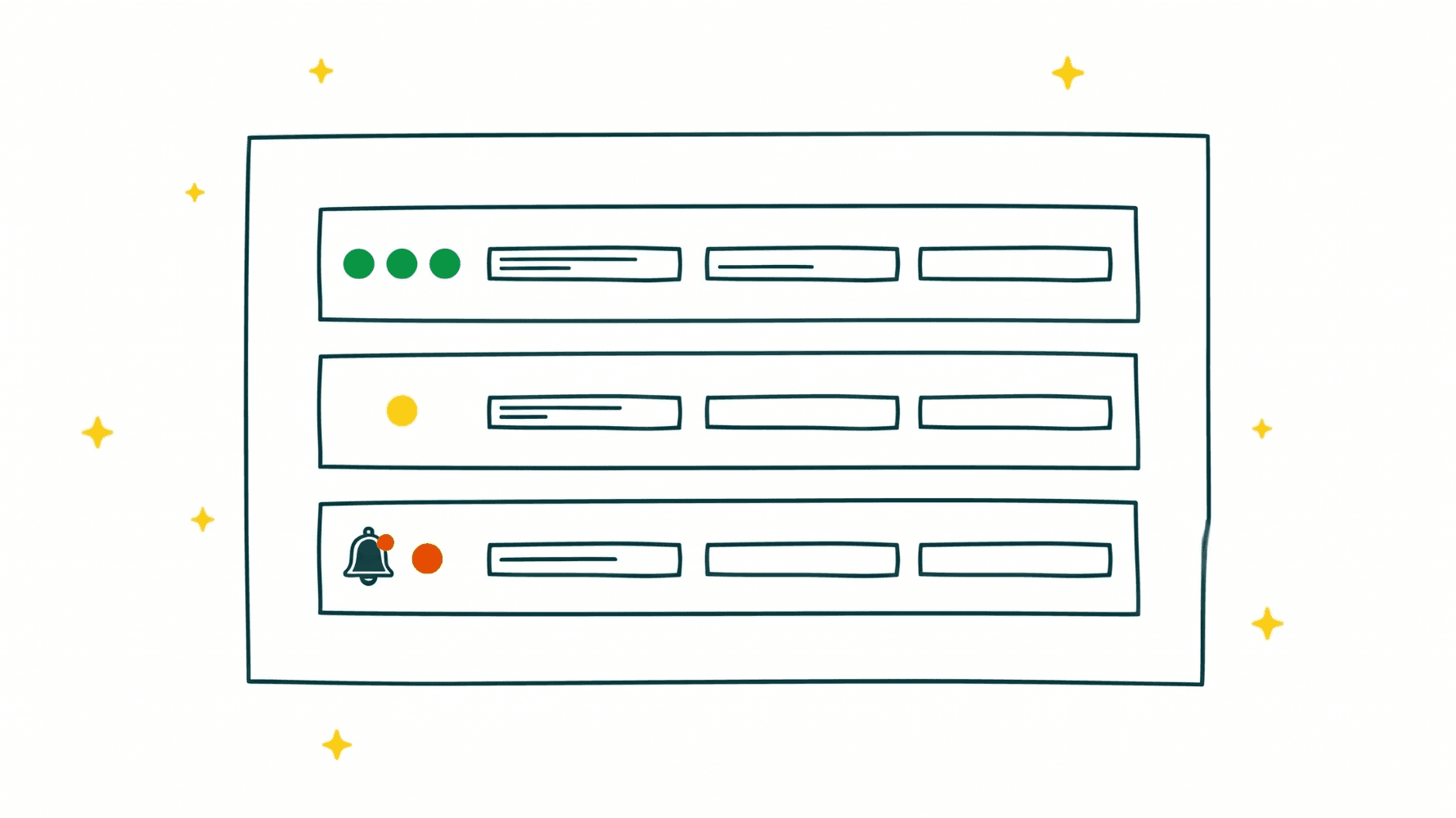 Illustration minimaliste d'un tableau de bord avec trois lignes de statut de paiement : pastilles vertes pour payé, pastille jaune pour en attente, pastille rouge avec icône de cloche pour en retard