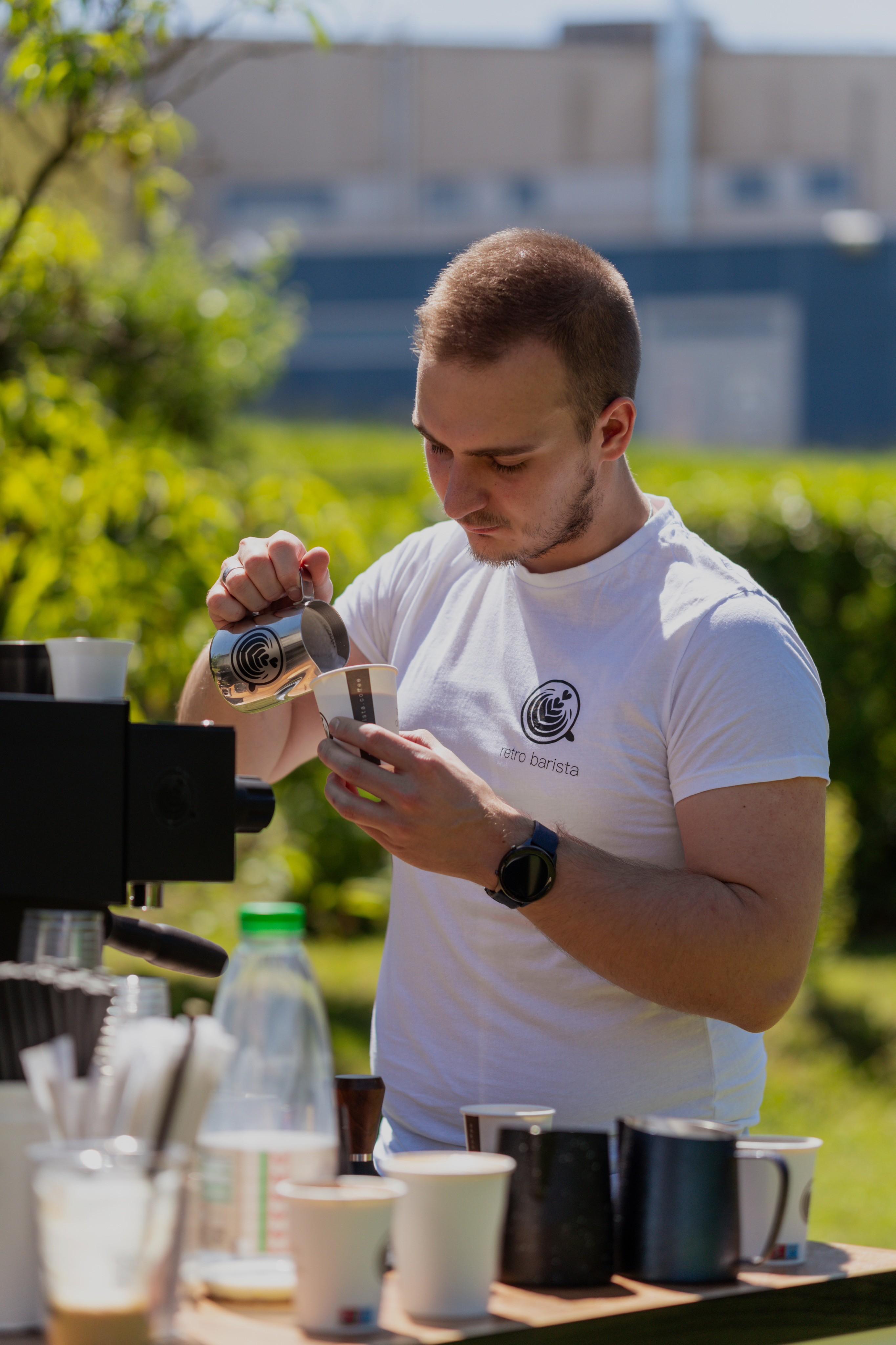 The barista prepares cappuccino, coffee catering