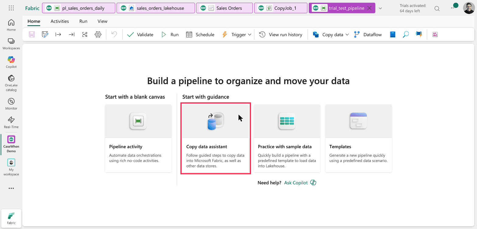 Fabric pipeline start screen with four options, Pipeline activity, Copy data assistant, Practice with sample data and Templates, with the Copy data assistant card outlined