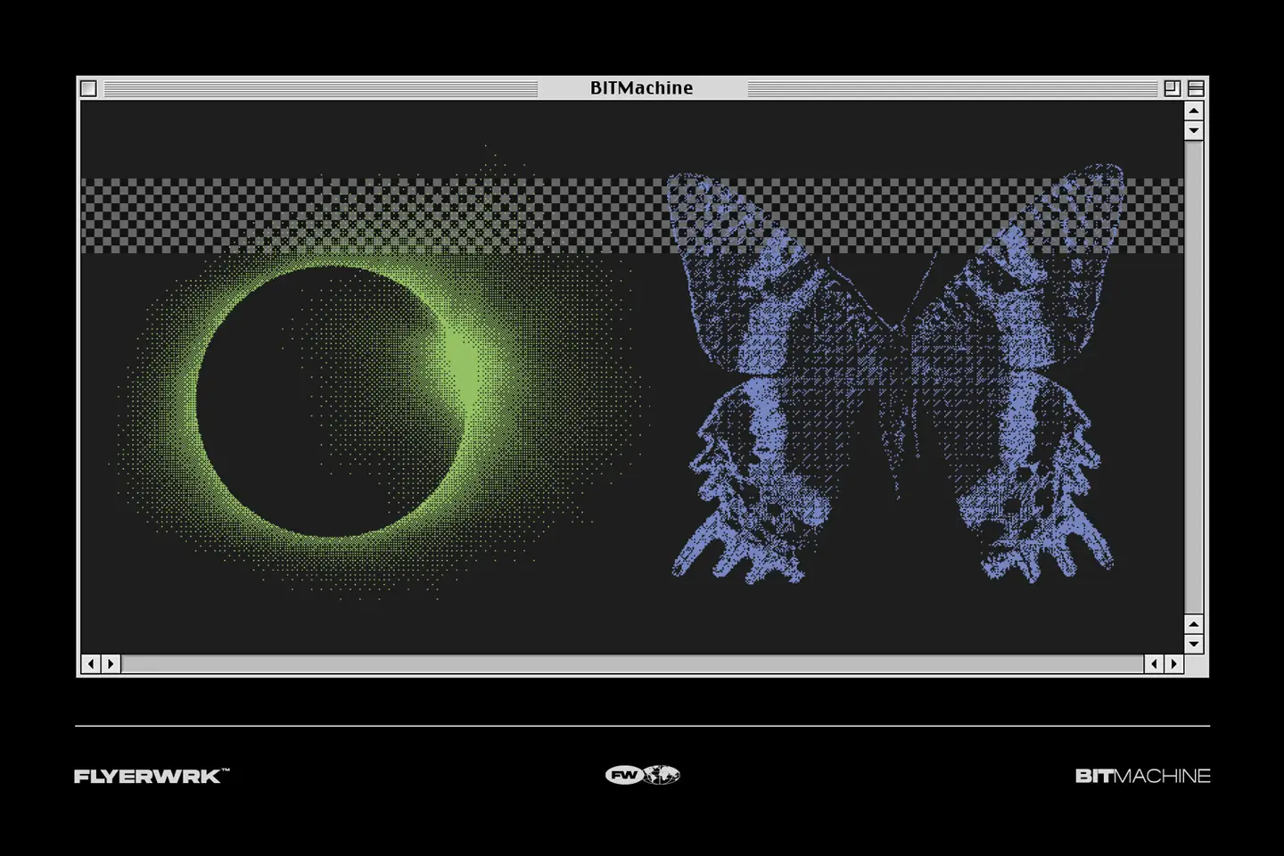Photoshop interface showing a lime green eclipse and a purple butterfly with retro dither effects