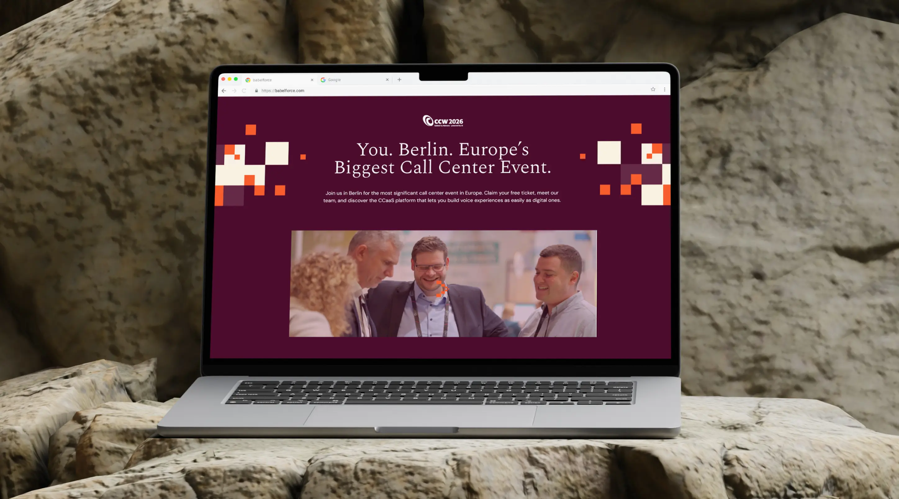 babelforce website displayed on a laptop showing a CCW 2026 Berlin event landing page with the headline You. Berlin. Europe's Biggest Call Center Event.