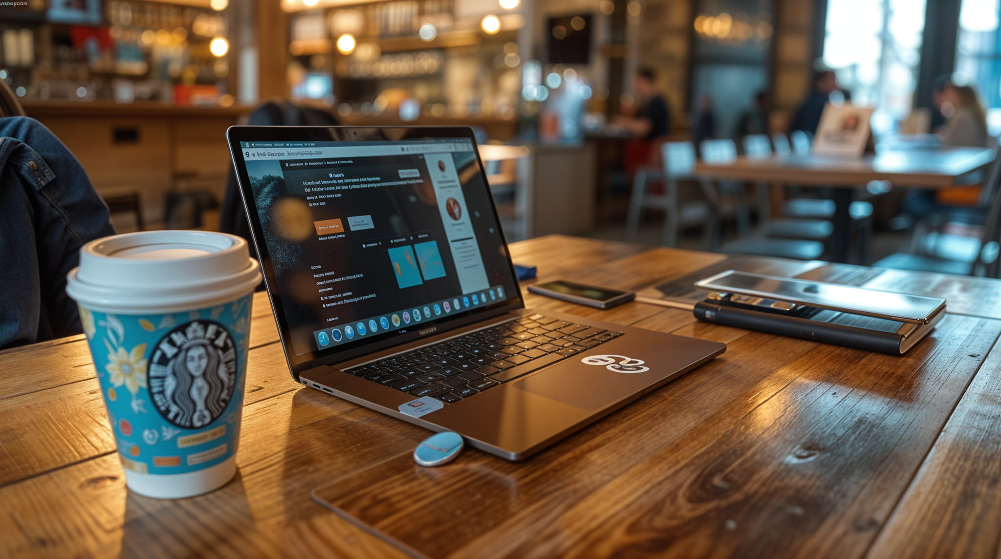 a picture of a laptop on a wooden desk in a restaurant