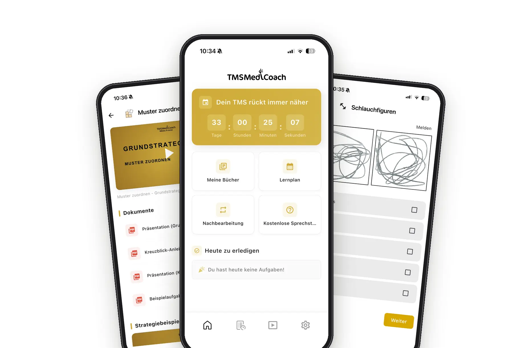 Drei Screens der TMSMediCoach-App mit Countdown bis zum TMS, Lernplan und Nachbearbeitung, Videokurs zu Muster zuordnen und Übungsaufgabe zu Schlauchfiguren